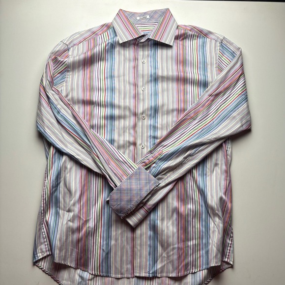 Bugatchi Other - Bugatchi Men's XL Shaped Fit Striped Long Sleeve Dress Shirt Multi Color Cotton